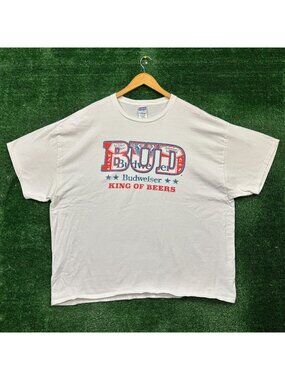 Junk Food Clothing White Budweiser "BUD" Graphic Tee with Red & Blue Print